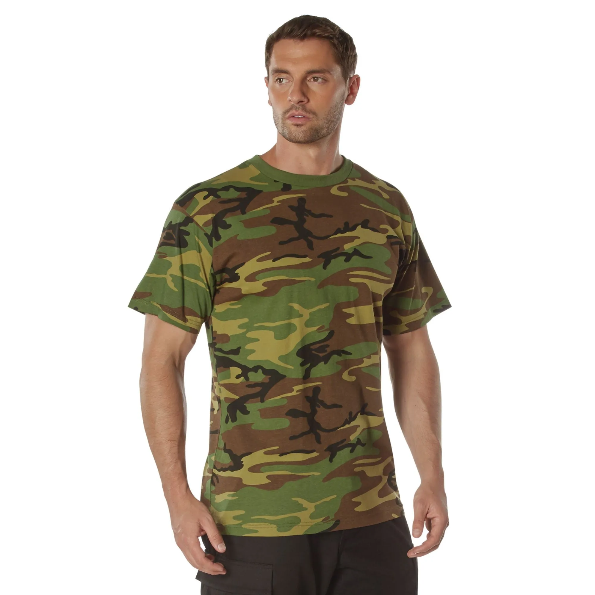 100% Cotton 5oz. Camouflage Short Sleeve T-Shirt Army Fashion Standard Fit Crewneck Tee- Woodland Camo