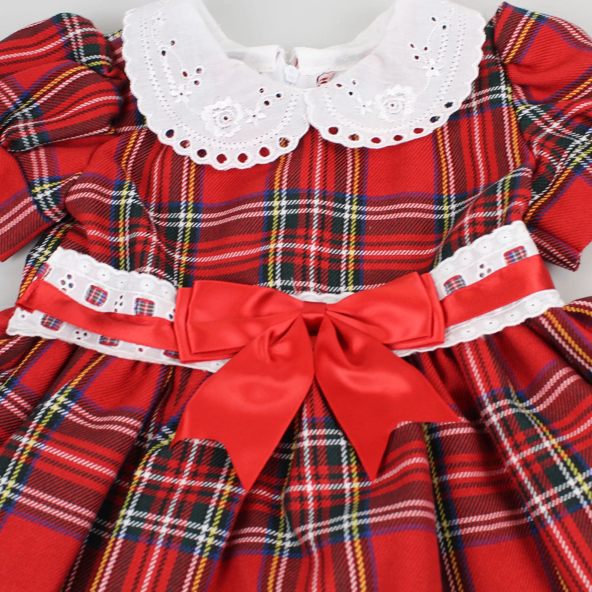 Baby Girls Slotted Red Tartan Dress with Red bows