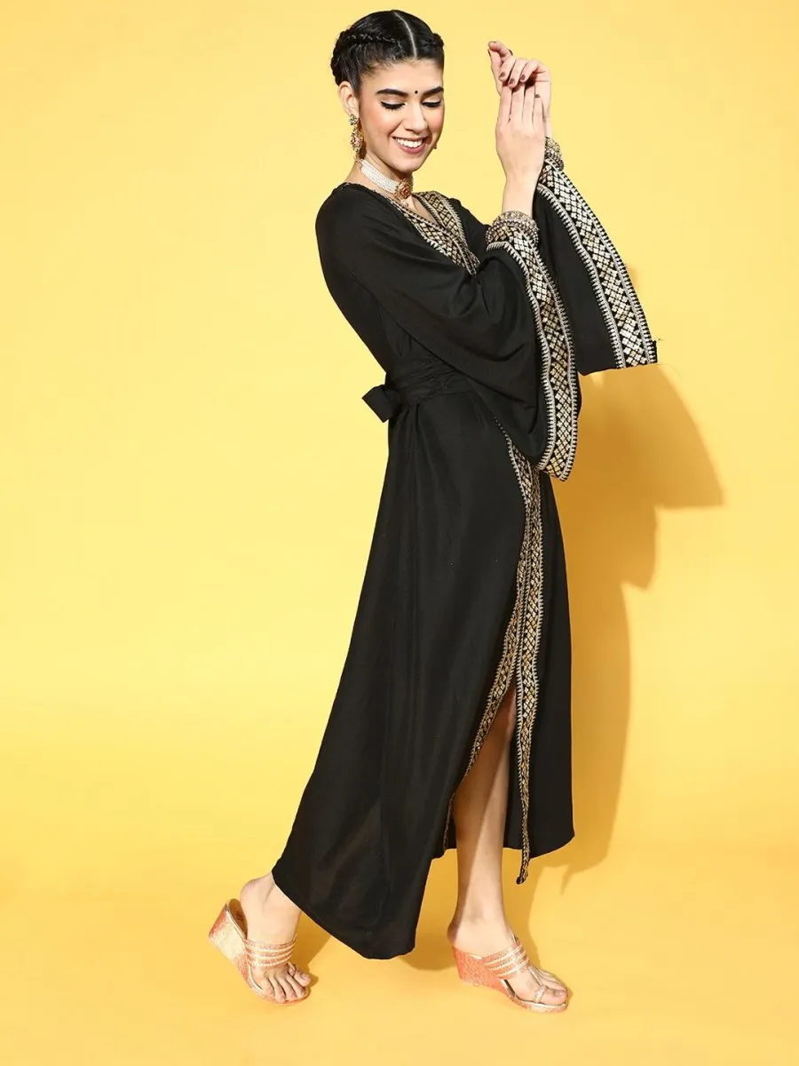 Black Poly Silk Partywear Ethnic Motifs Dresses