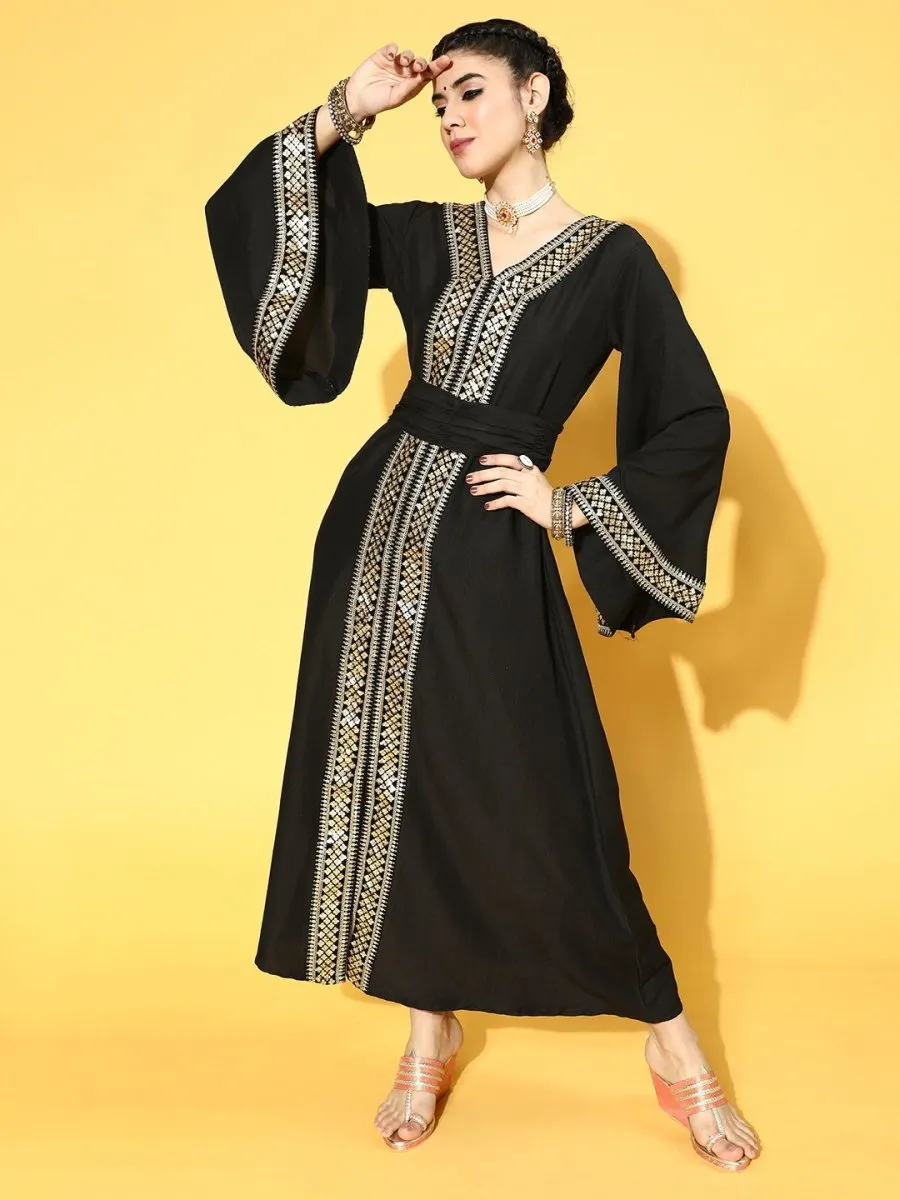 Black Poly Silk Partywear Ethnic Motifs Dresses