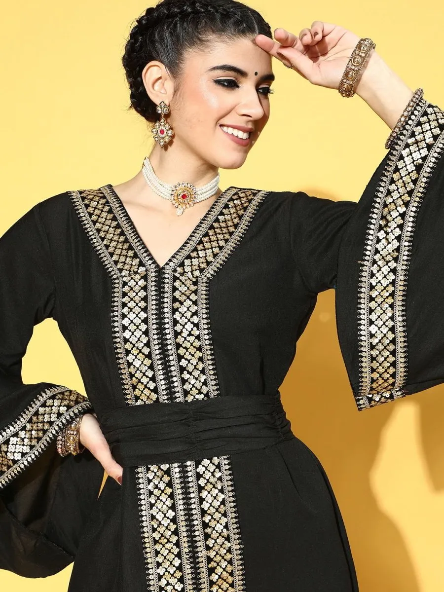 Black Poly Silk Partywear Ethnic Motifs Dresses