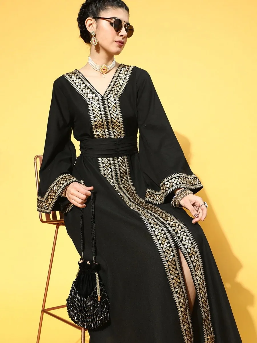 Black Poly Silk Partywear Ethnic Motifs Dresses