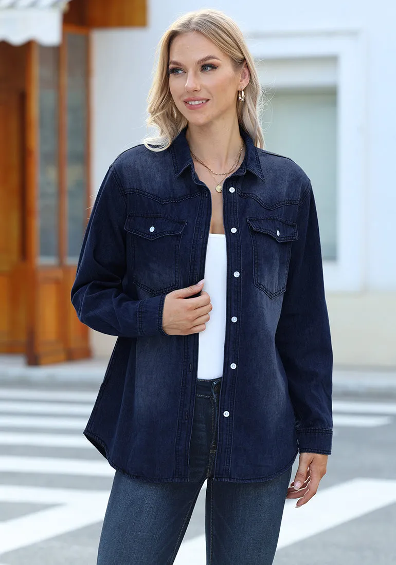 Blue Plunge Women's Trendy Long Denim Jackets Oversized Shackets with Pockets