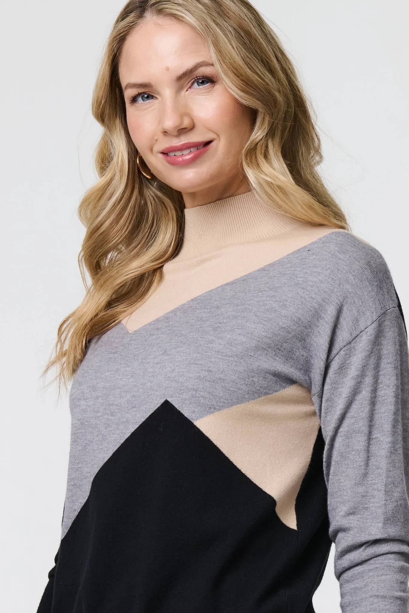 Colour Block High Neck Slim Jumper