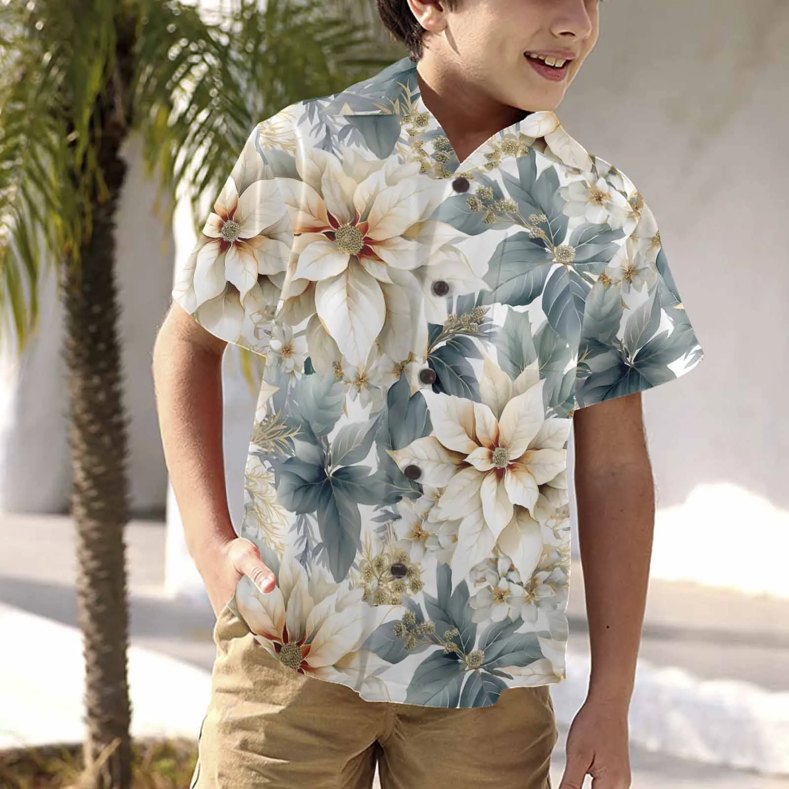 Cream Poinsettia  Little Boys Hawaiian Shirt