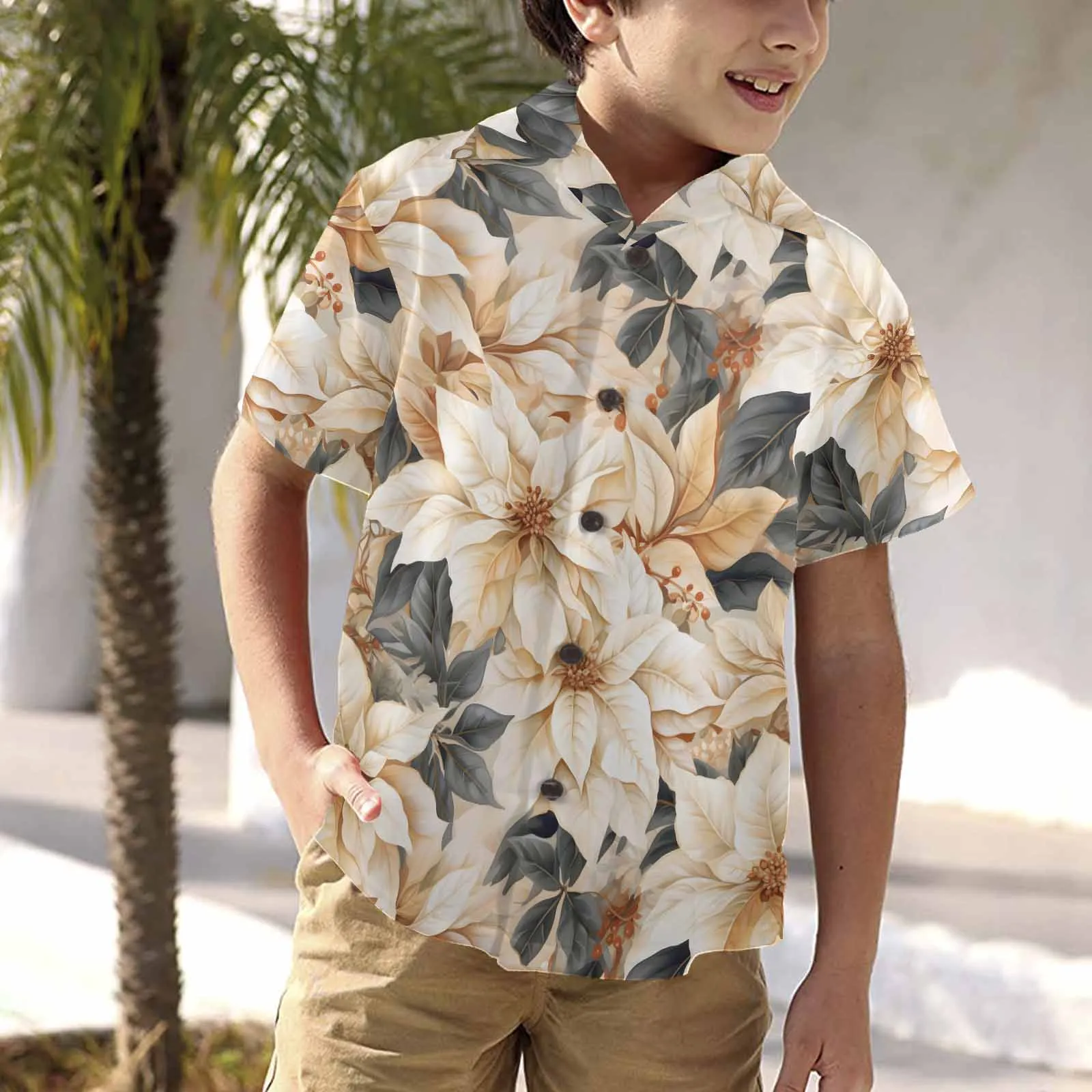 Cream Poinsettia2  Little Boys Hawaiian Shirt