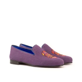 DapperFam Enzo in Purple / Navy Men's Linen & Italian Leather Slipper