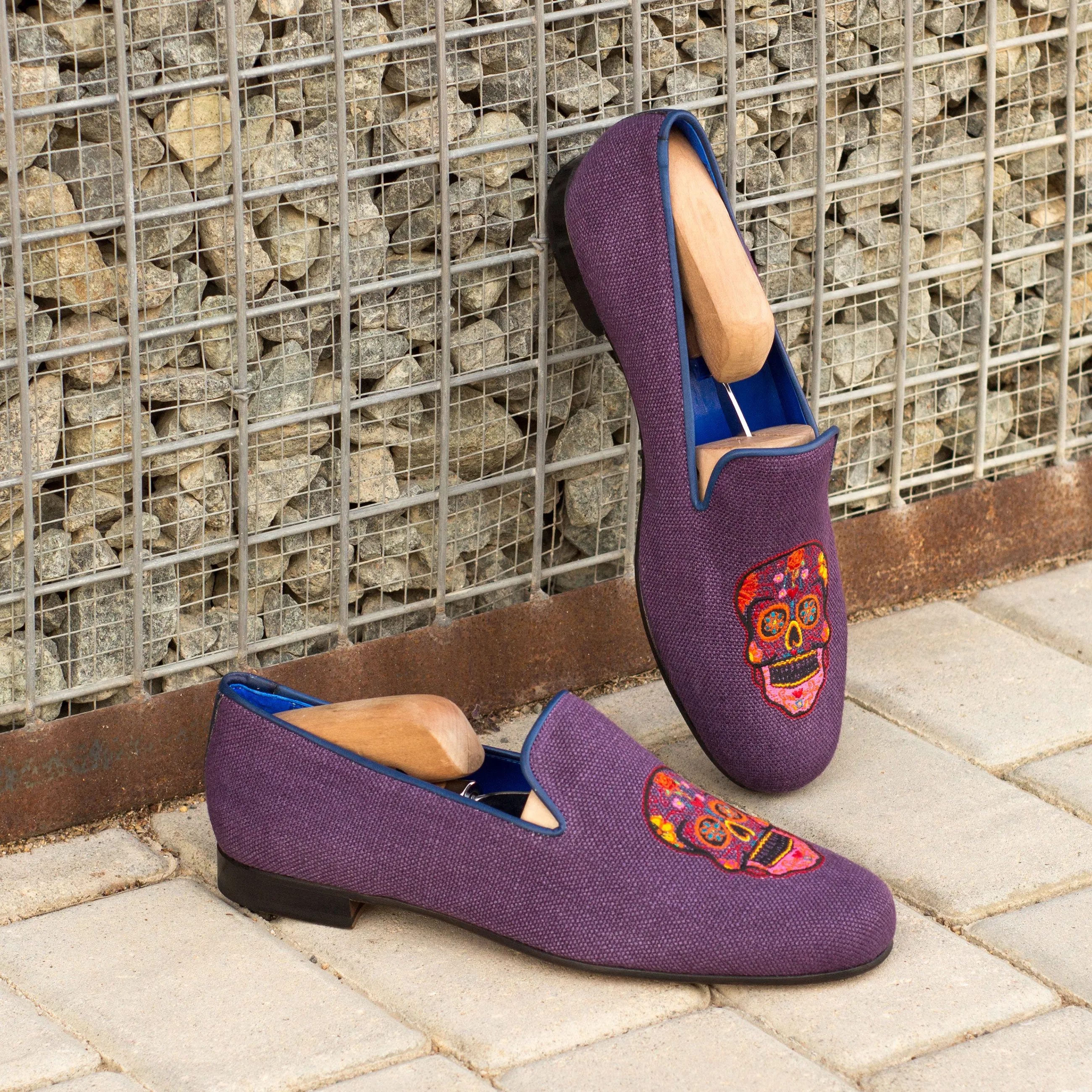 DapperFam Enzo in Purple / Navy Men's Linen & Italian Leather Slipper