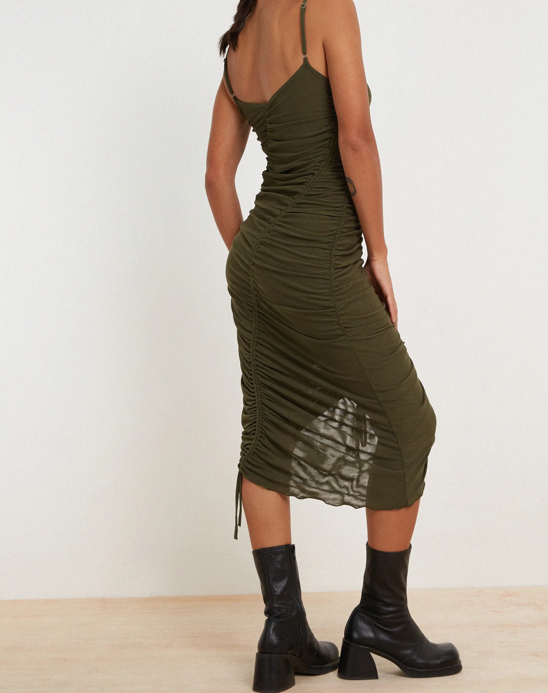 Dulcia Ruched Mesh Midi Dress in Green Leaf