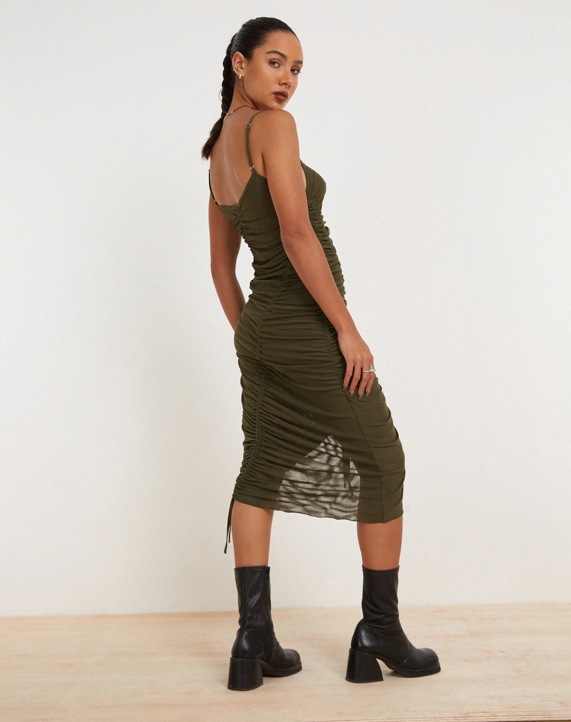 Dulcia Ruched Mesh Midi Dress in Green Leaf