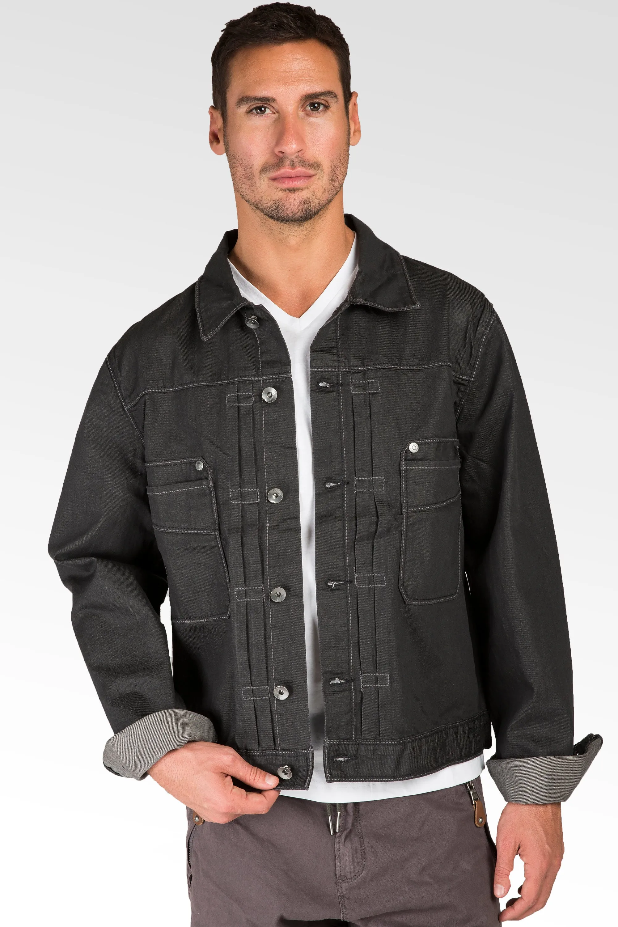 Espresso Coated Dark Gray Premium Denim Trucker Jacket Rugged Retro Wash