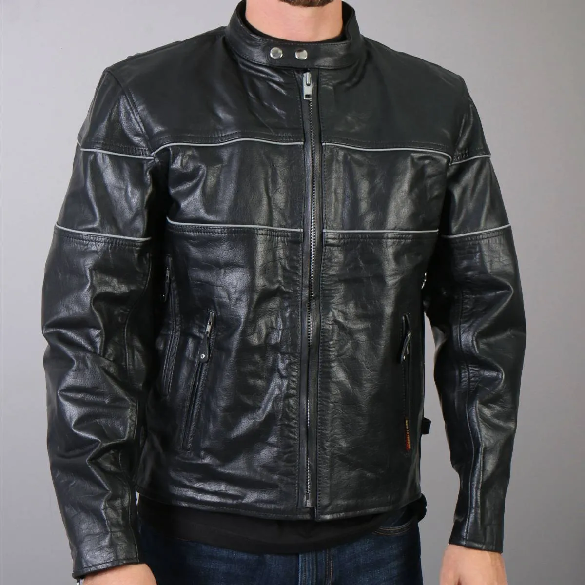 Hot Leathers JKM1004 Men's Leather Vented Scooter Jacket with Reflective Piping