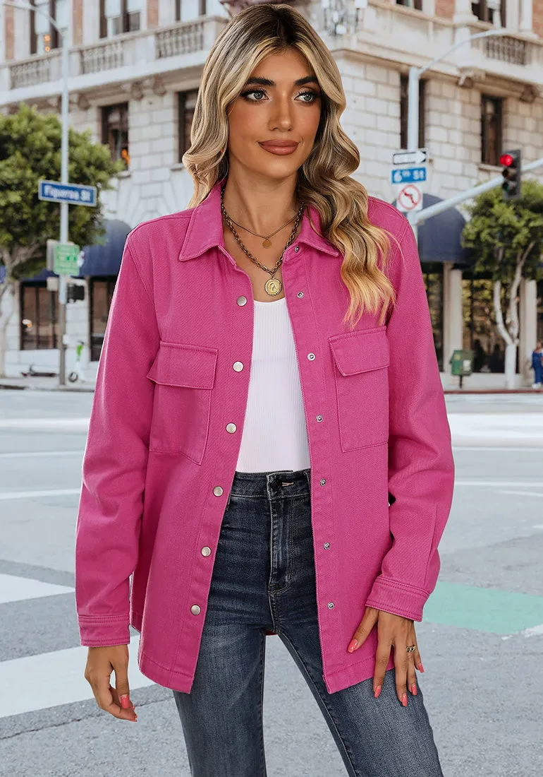 Hot Pink Women's Brief Oversized Denim Button Down Long Sleeve  Pocket Jacket