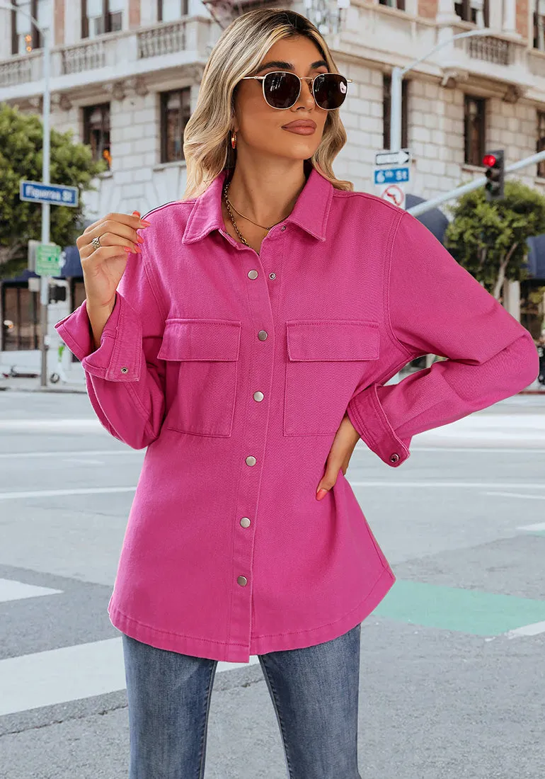 Hot Pink Women's Brief Oversized Denim Button Down Long Sleeve  Pocket Jacket