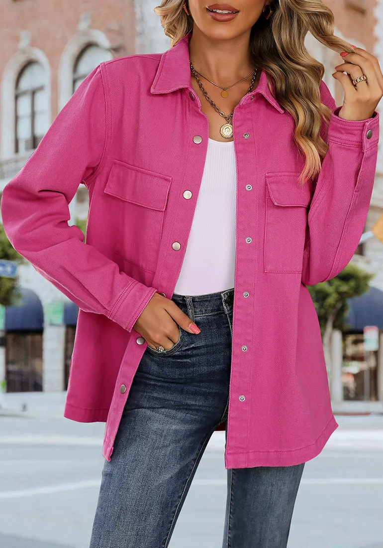 Hot Pink Women's Brief Oversized Denim Button Down Long Sleeve  Pocket Jacket