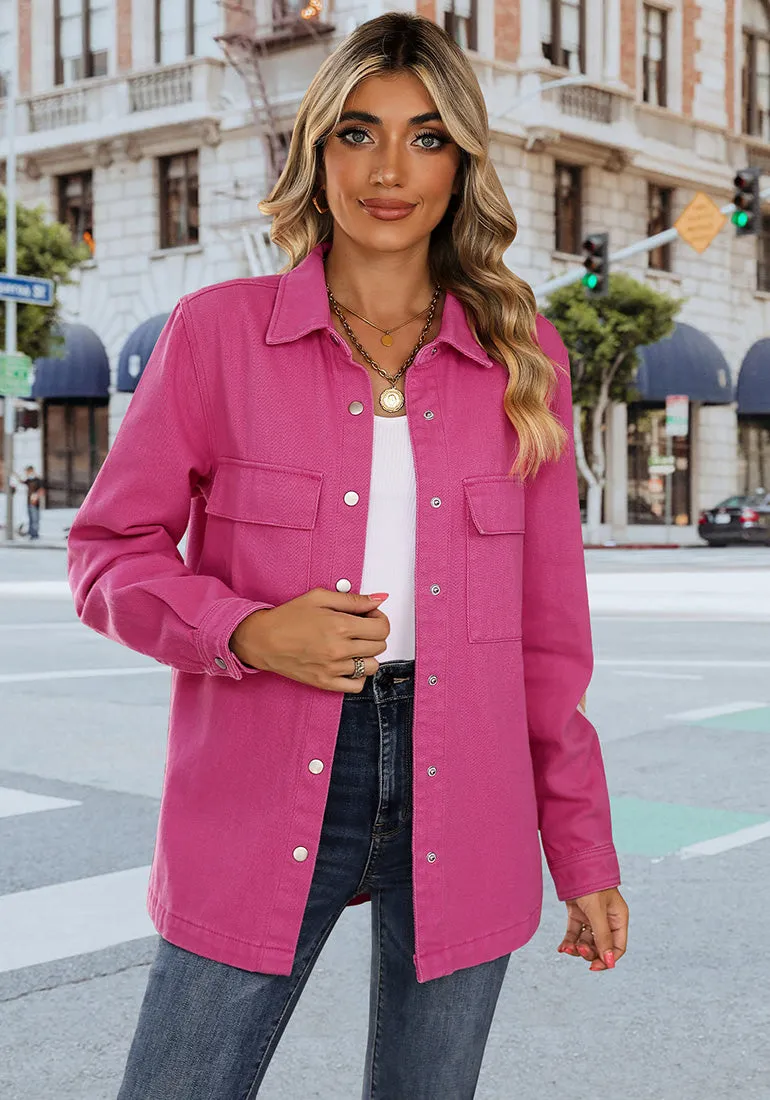 Hot Pink Women's Brief Oversized Denim Button Down Long Sleeve  Pocket Jacket