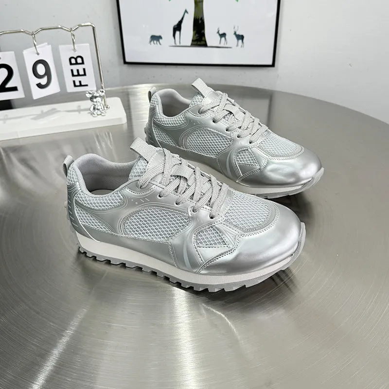 ikearlax Spring and Summer New Show Feet a Little Retro Cortez Women's Mesh Breathable Casual and Comfortable Silver Running Shoes