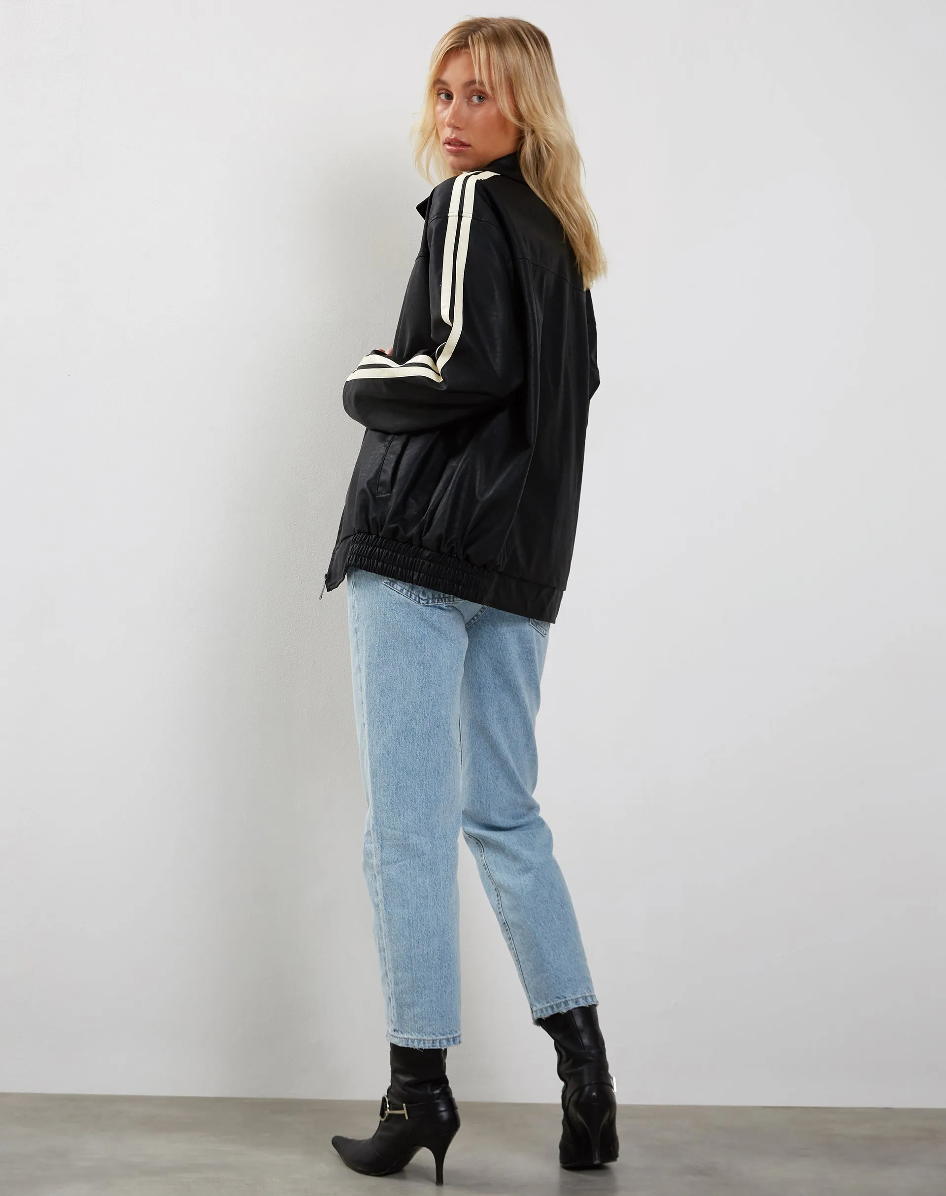 Javana Zip Up Jacket in PU Black with Beige Stripe