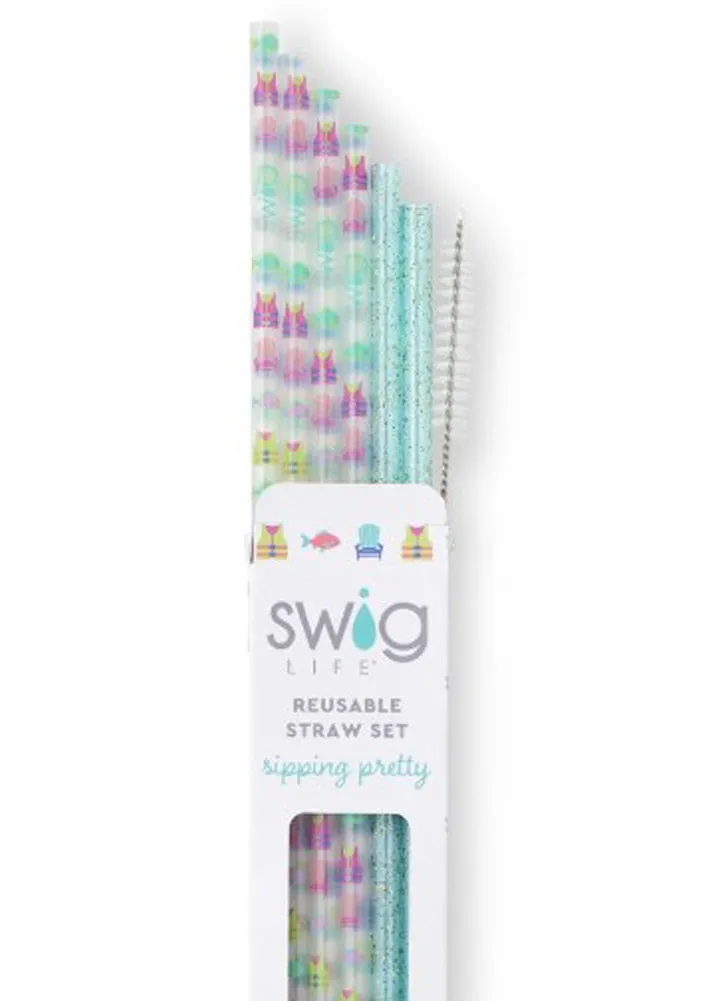 Lake Girl   Aqua Glitter Reusable Straw Set by Swig Life