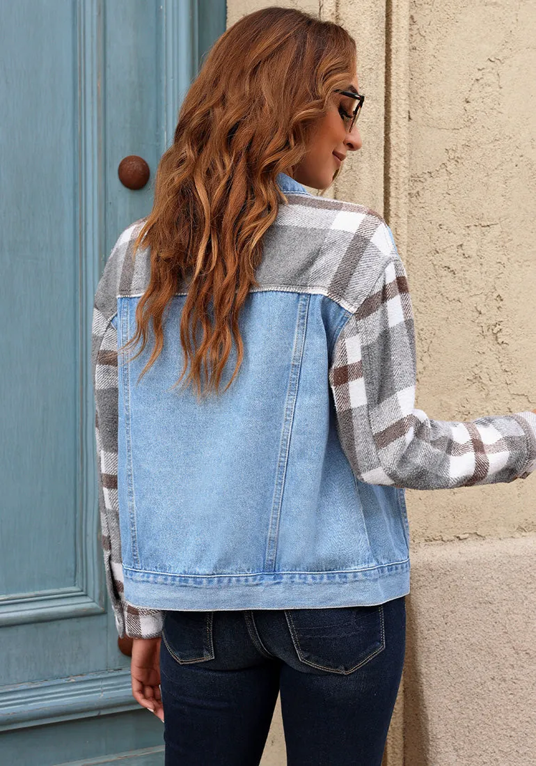 Light Wash   Gray Plaid Women's Denim Oversized Plaid Shacket Jacket Vintage Shirt Jackets