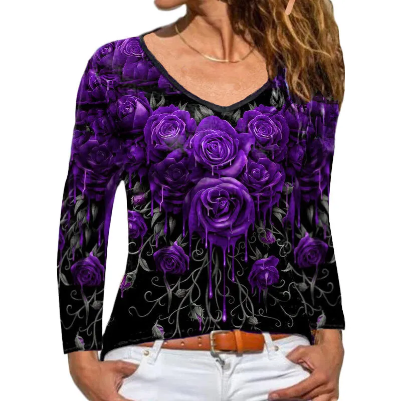 Long sleeve rose print T-shirt