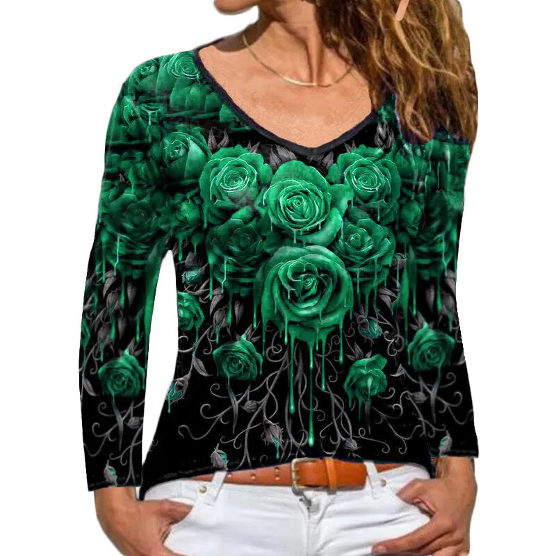 Long sleeve rose print T-shirt