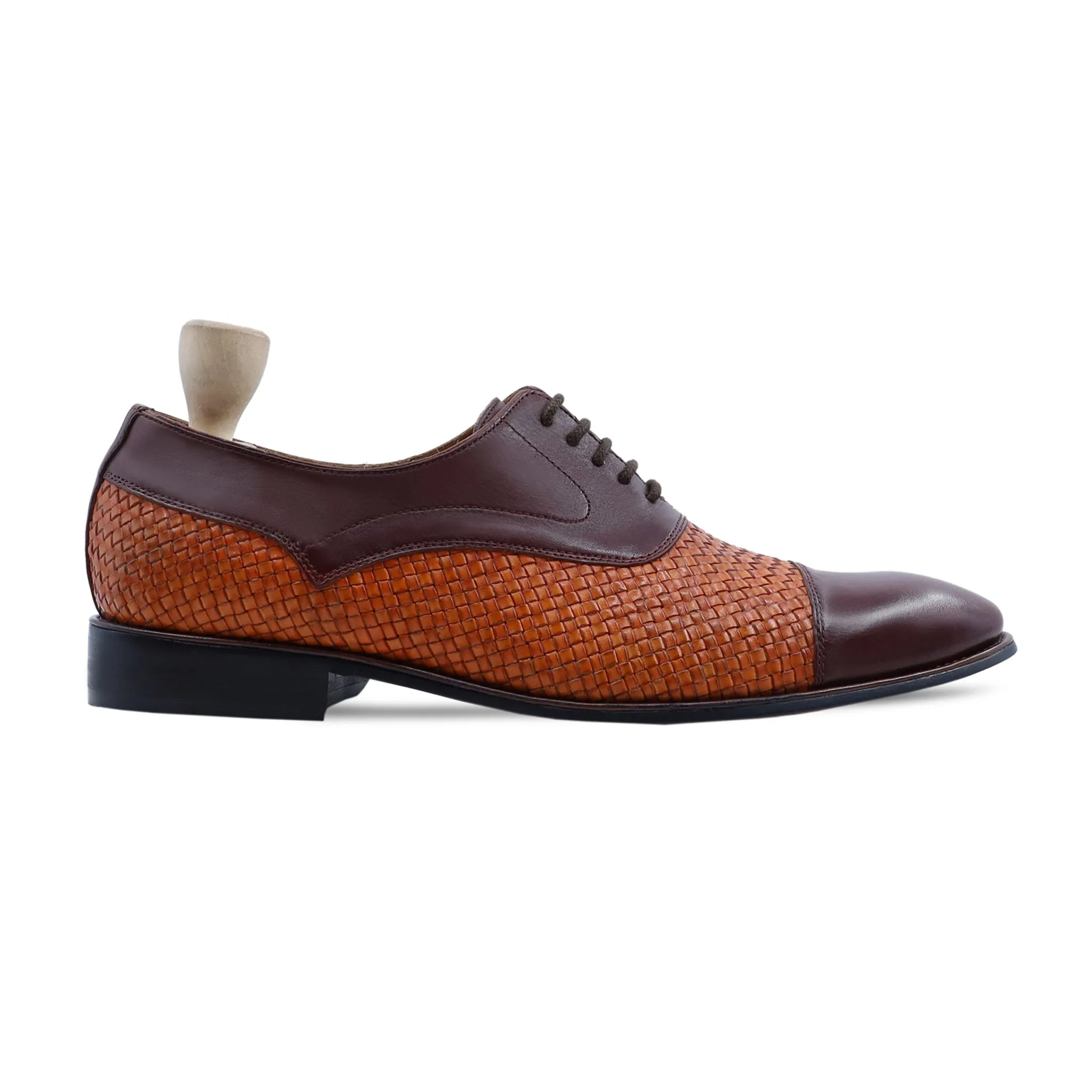 Lusaka - Men's Dark Brown Calf and Tan Hand Woven Calf Leather Oxford Shoe