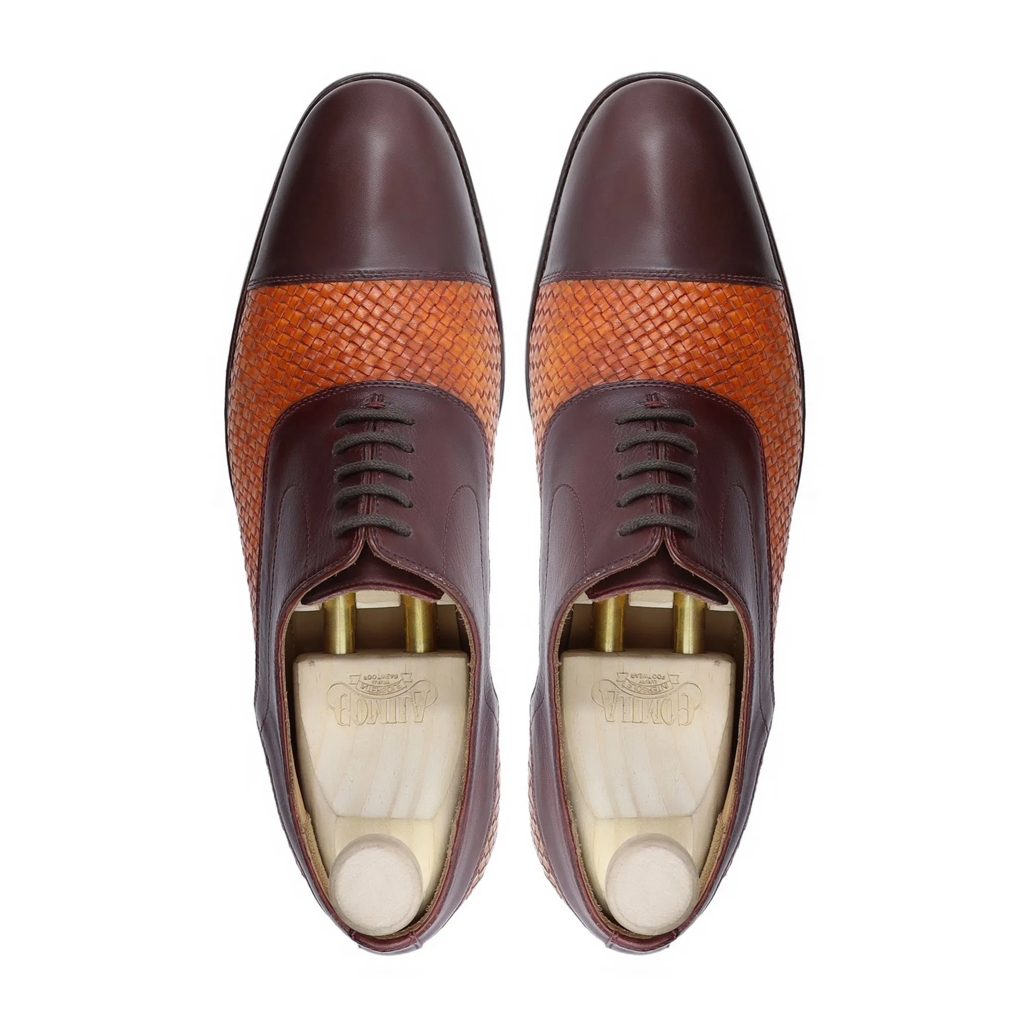 Lusaka - Men's Dark Brown Calf and Tan Hand Woven Calf Leather Oxford Shoe