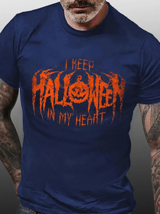 Men Pumpkin Light Halloween Letters Cotton T-Shirt