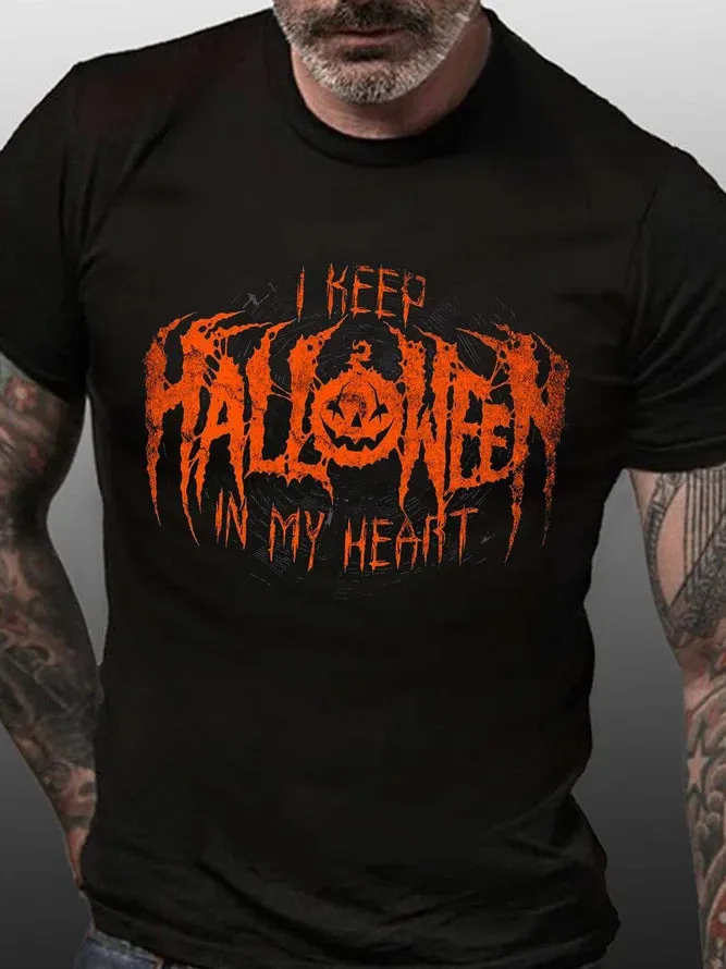 Men Pumpkin Light Halloween Letters Cotton T-Shirt