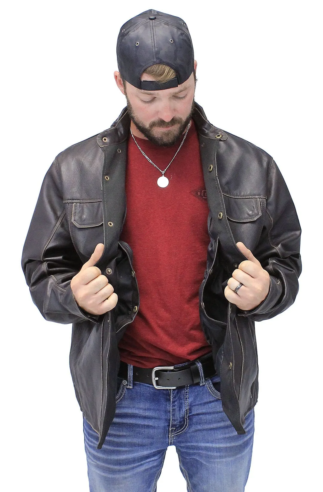 Men's Vintage Brown Leather Shirt w/Concealed Pockets #MSA8672GDN