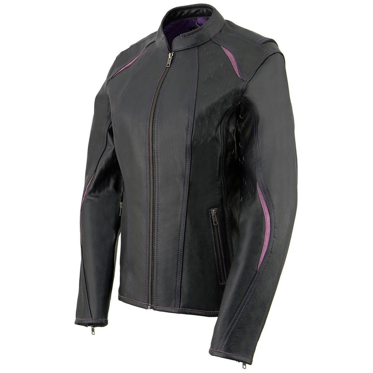 Milwaukee Leather MLL2502 Women's 'Laser Cut' Distressed Black and Purple Scuba Style Racer Jacket