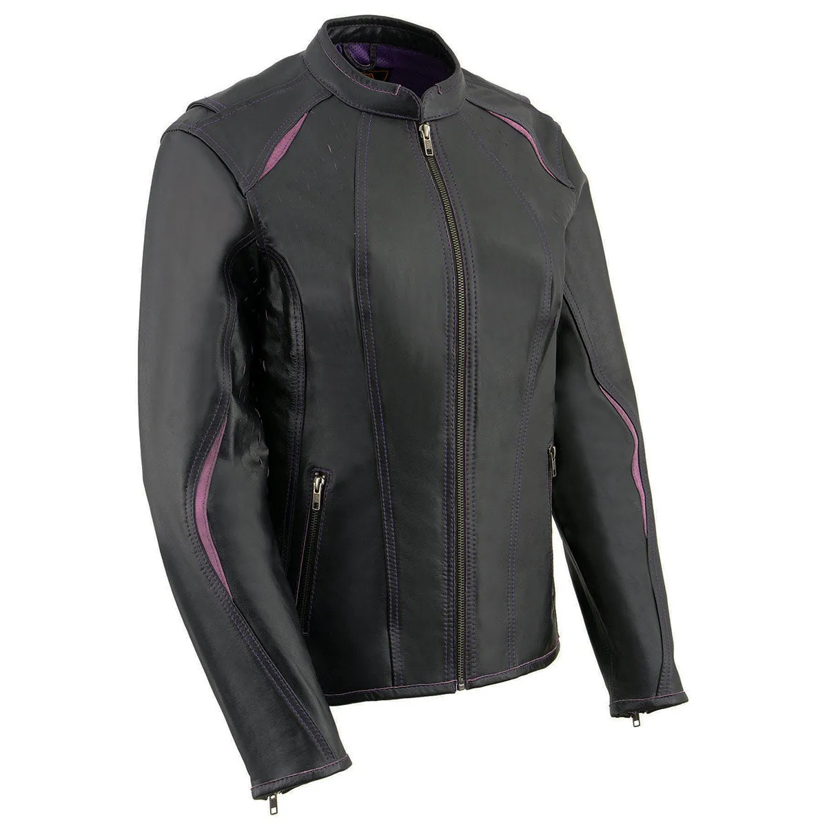 Milwaukee Leather MLL2502 Women's 'Laser Cut' Distressed Black and Purple Scuba Style Racer Jacket