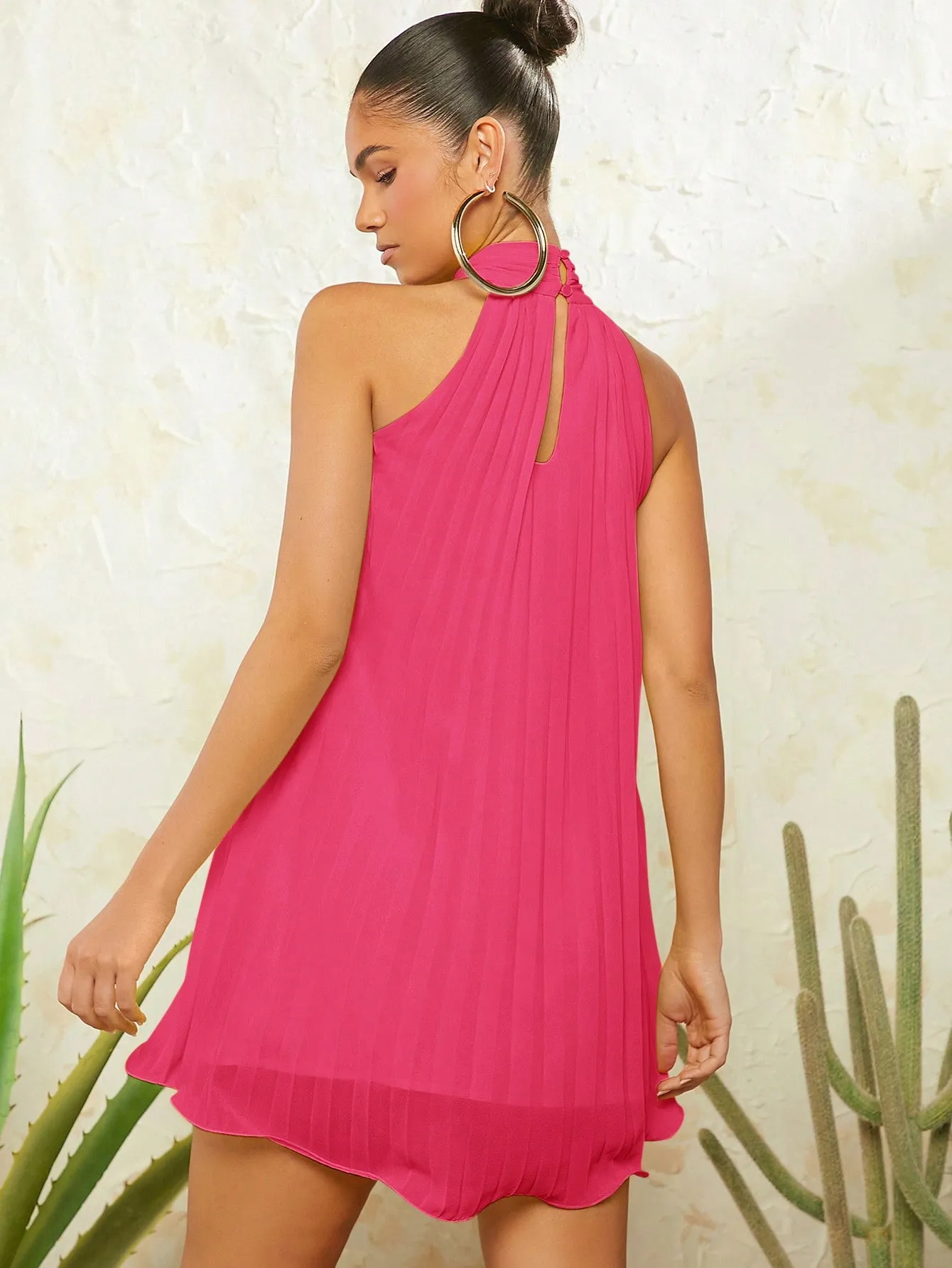 Neck Tie Pleated Dress