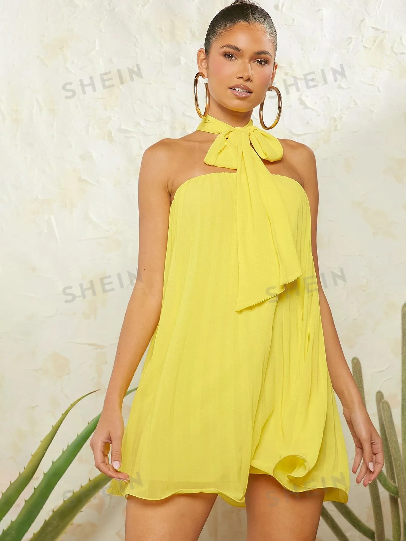 Neck Tie Pleated Dress