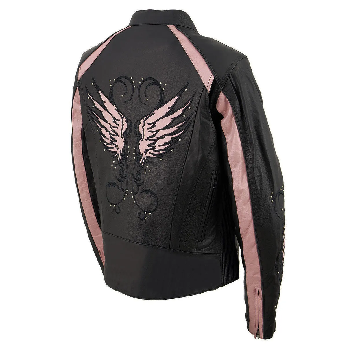 PINK Leather ML1952 Women's Black and Pink Embroidered and Stud Design Scooter Jacket