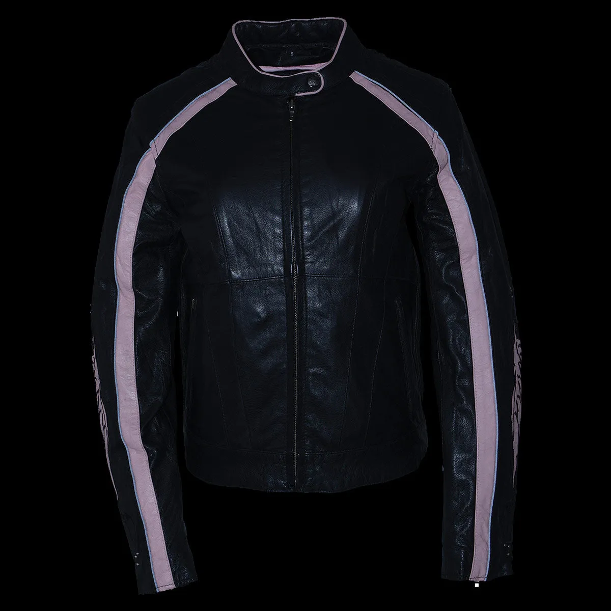 PINK Leather ML1952 Women's Black and Pink Embroidered and Stud Design Scooter Jacket