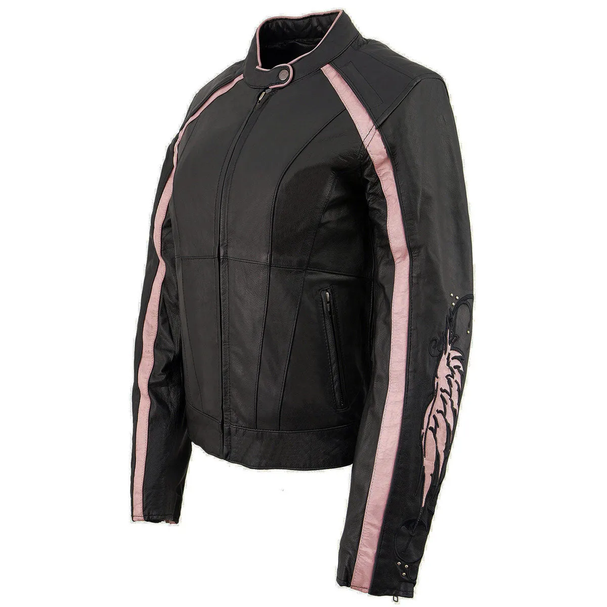 PINK Leather ML1952 Women's Black and Pink Embroidered and Stud Design Scooter Jacket