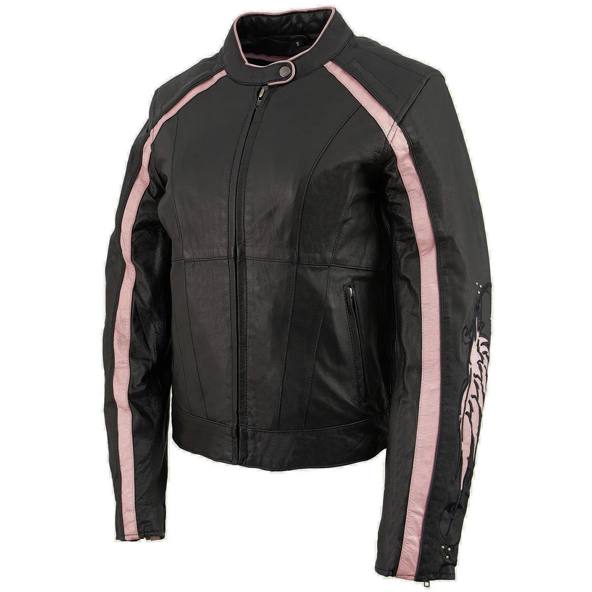 PINK Leather ML1952 Women's Black and Pink Embroidered and Stud Design Scooter Jacket