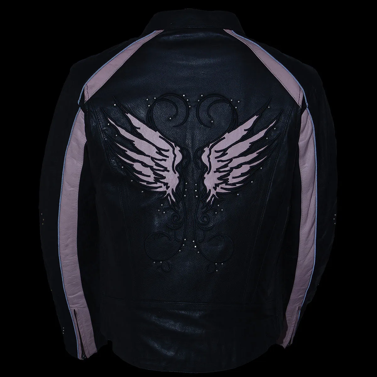 PINK Leather ML1952 Women's Black and Pink Embroidered and Stud Design Scooter Jacket