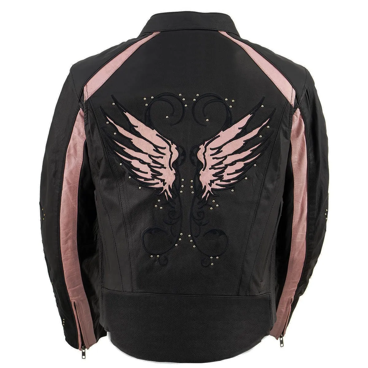 PINK Leather ML1952 Women's Black and Pink Embroidered and Stud Design Scooter Jacket