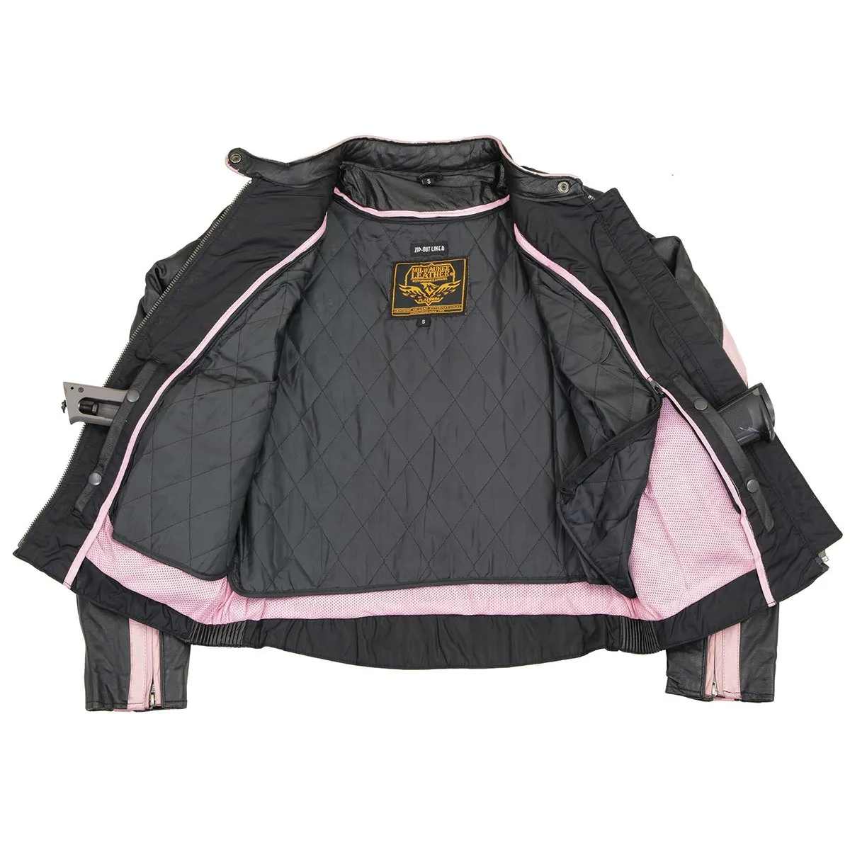 PINK Leather ML1952 Women's Black and Pink Embroidered and Stud Design Scooter Jacket