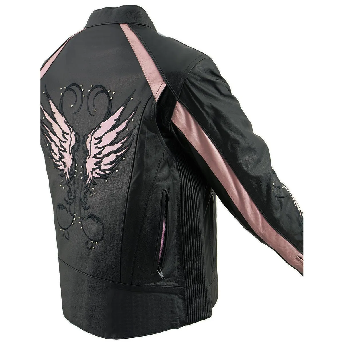 PINK Leather ML1952 Women's Black and Pink Embroidered and Stud Design Scooter Jacket