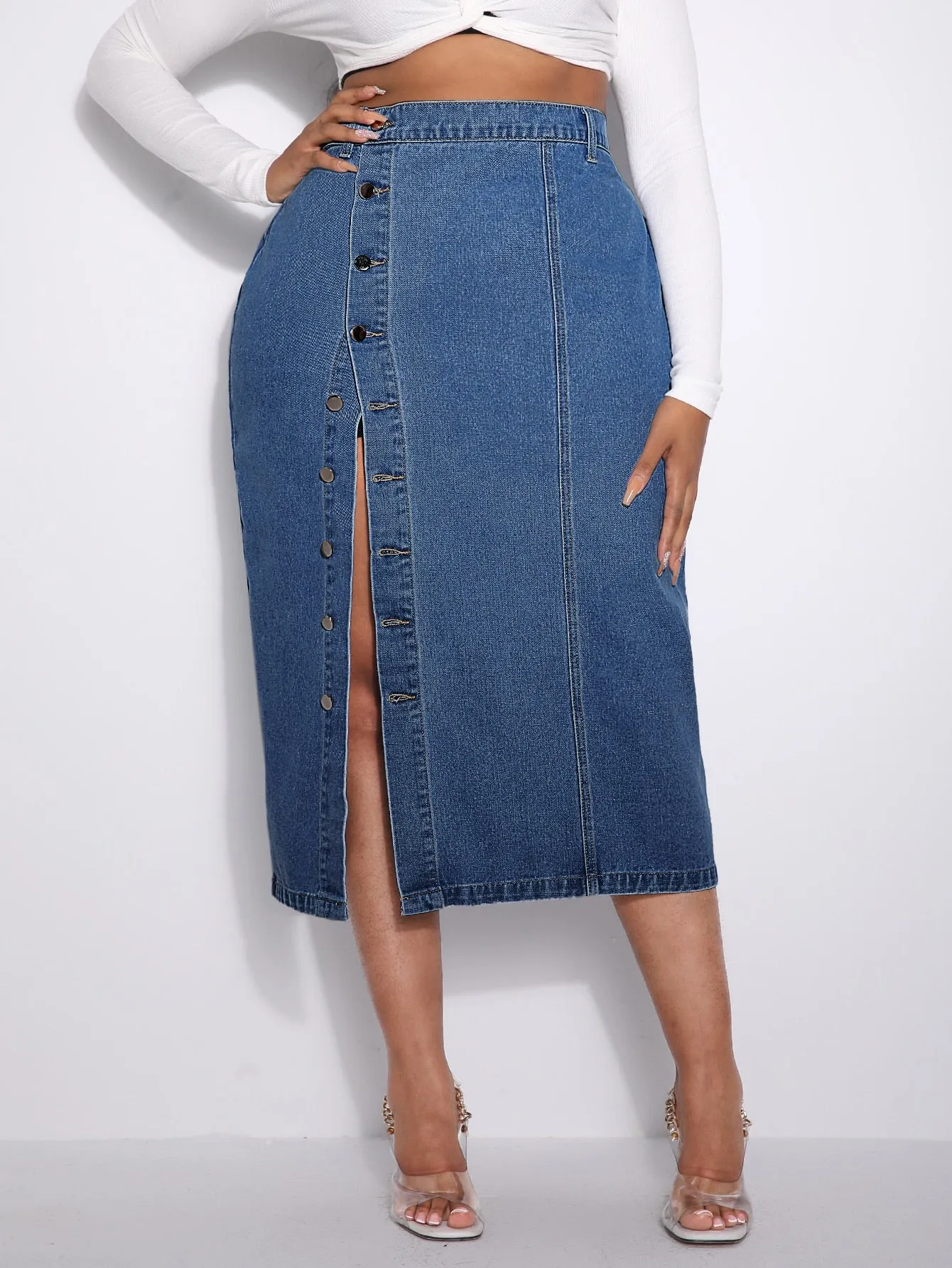 Plus Button Front Denim Skirt