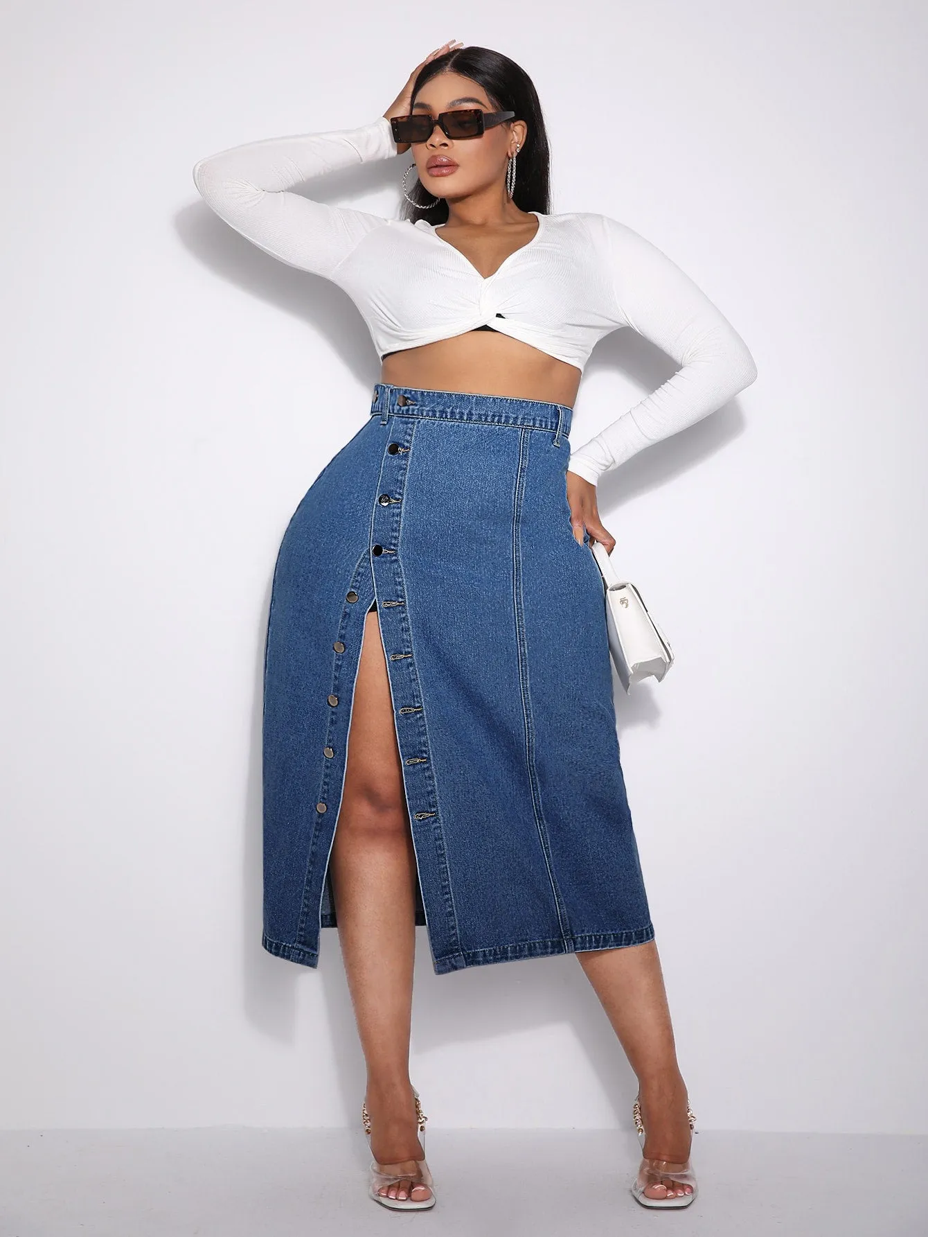 Plus Button Front Denim Skirt