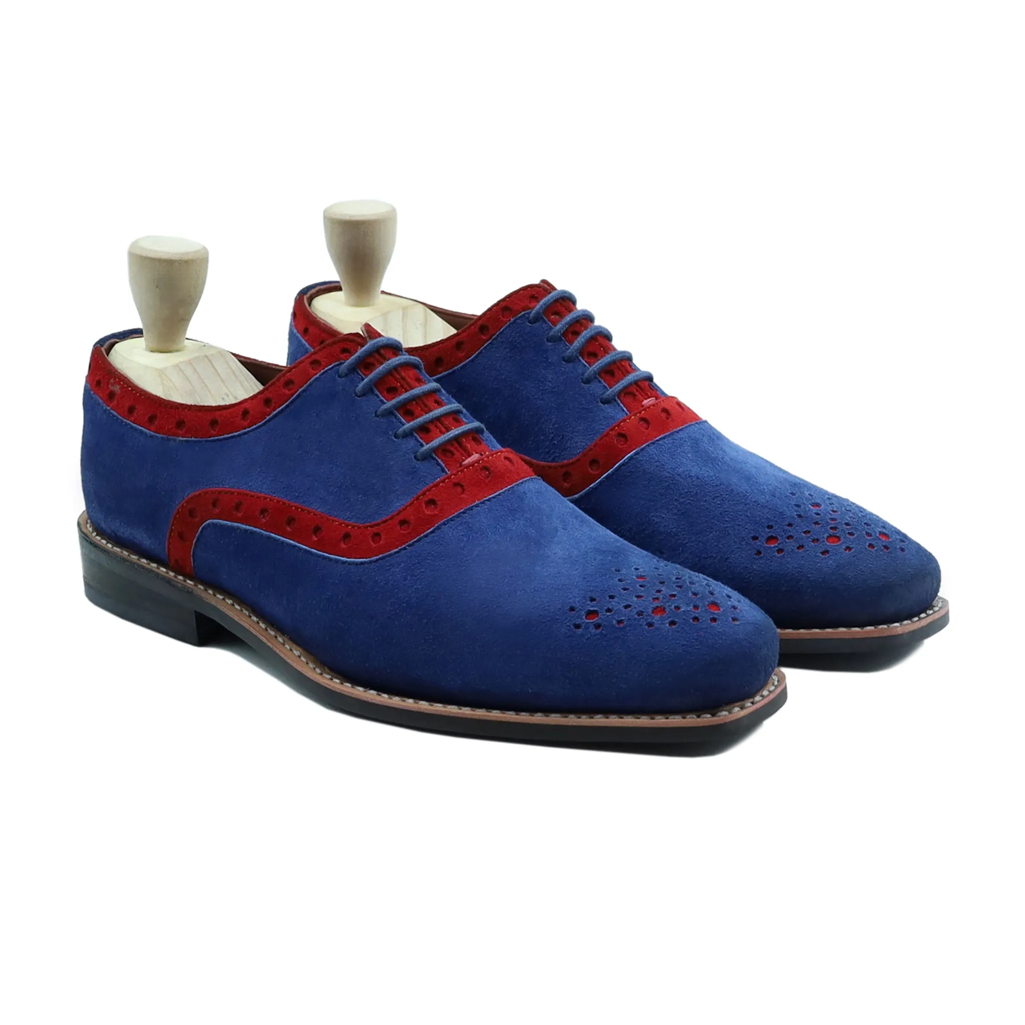 Qirdag - Men's Red and Light Blue Kid Suede Oxford Shoe