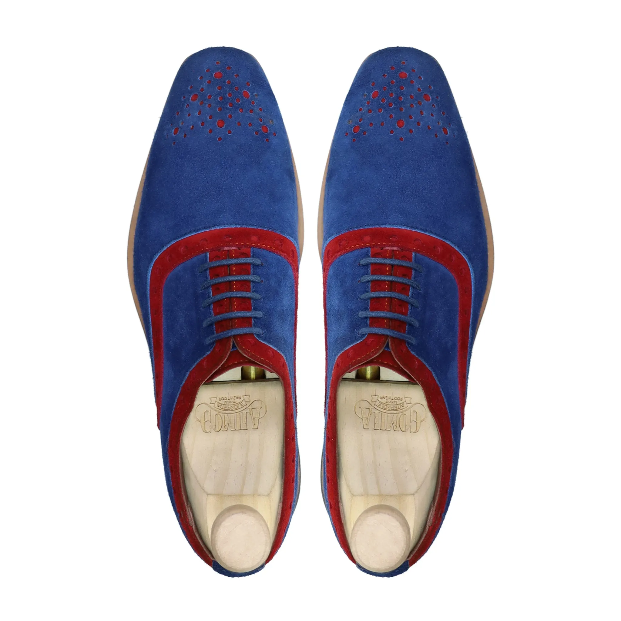 Qirdag - Men's Red and Light Blue Kid Suede Oxford Shoe