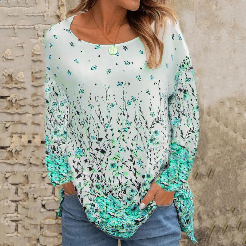 Round neck loose floral print long-sleeved top t-shirt