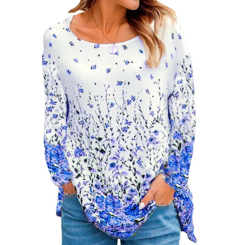 Round neck loose floral print long-sleeved top t-shirt