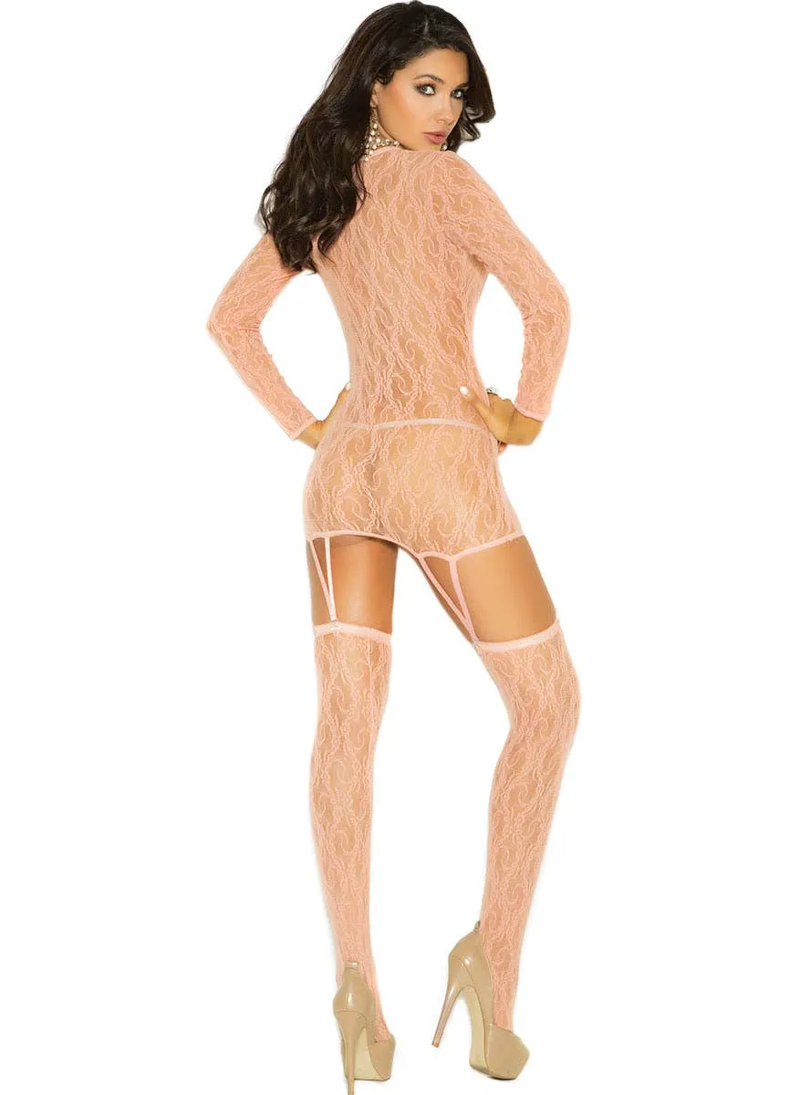 Sheer Light Pink Lace Womens Dress and Stockings Set